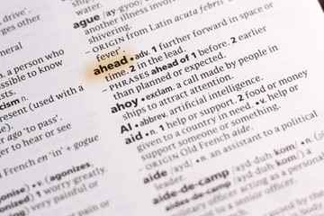 The word or phrase Ahead in a dictionary.