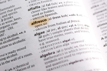 The word or phrase Alfresco in a dictionary.