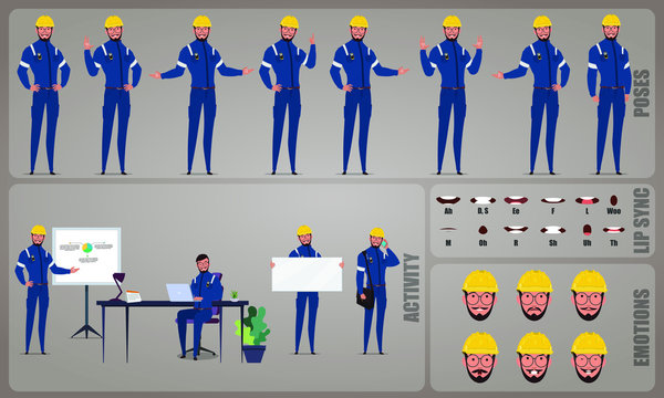 Engineer or Architect worker character Set. Collection of character body Poses, facial gestures, Engineer  activities and Lip syncs poses. Ready-to-use and animate, character set. Vector illustration.