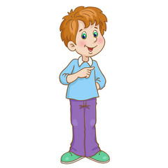 A funny boy is standing and telling an interesting story. In cartoon style. Isolated on white background. Vector illustration.