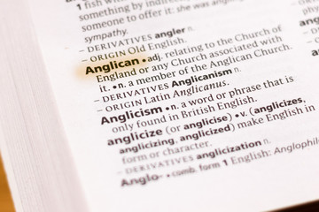 The word or phrase Anglican in a dictionary.