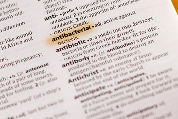 The word or phrase Antibacterial in a dictionary.