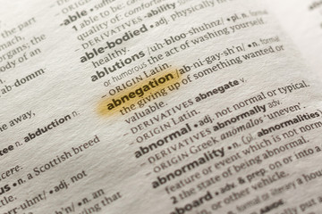 Fototapeta premium Ivanovsk, Russia - November 19, 2018: The word or phrase Abnegation in a dictionary.
