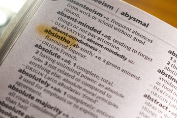 Fototapeta premium Ivanovsk, Russia - November 19, 2018: The word or phrase Absinthe in a dictionary.