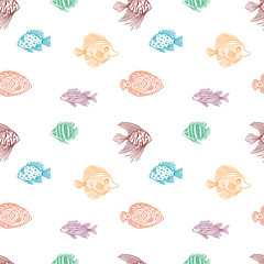 Seamless pattern of color fish on white background. Vector outline endless fish pattern. For wrapping paper, box,scrapbooking, background. Design for fish market, shop, restaurant.