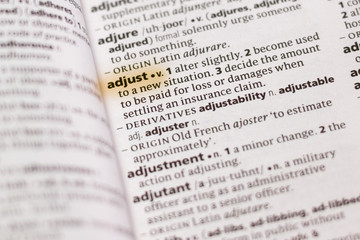 Ivanovsk, Russia - November 19, 2018: The word or phrase Adjust in a dictionary.