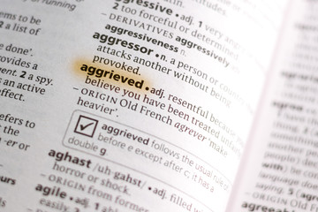 Ivanovsk, Russia - November 19, 2018: The word or phrase Aggrieved in a dictionary.