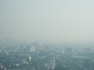 Cityscape of Bangkok covered by mixture of dust in air pollution, situation of air pollution 2.5 pm in Bangkok, Air pollution in big city,  it is unhealthy.