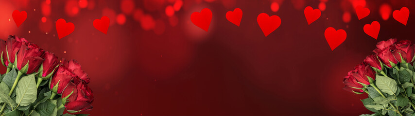 Valentine's Day background banner long - Red roses, hearts and bokeh lights on red texture 