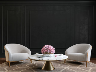 Classic black interior with armchairs, coffee table, flowers and wall moldings. 3d render illustration mockup.