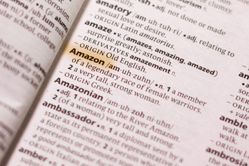 Ivanovsk, Russia - November 19, 2018: The word or phrase Amazon in a dictionary.