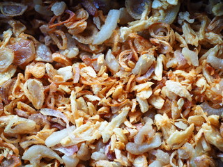 Fried onions and garlic or crispy fried onion and garlic for food decoration.