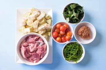 Food ingredients for making Kaeng Khanun-on (Curry Young Jackfruit), Northern Thai local food