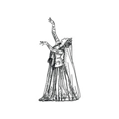 Hand-drawn sketch of Azeri girl dancing in national dress