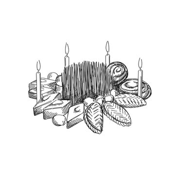 Sketch of Khoncha for Nowruz Holiday. Samani and candles. Around the samani different sweet pastries such as pakhlava, shekerbura and gogal and walnuts are placed.