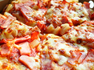 Close up hawaiian pizza, Hawaiian Pizza , pineapple , ham and cheese, Selective focus, Food concept.