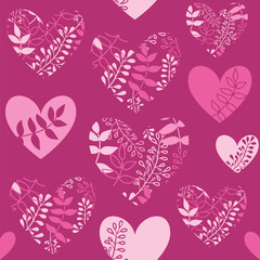 Seamless pattern with purple hearts in foliage . Vector Valentine's Day background.