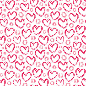Seamless vector pattern with outlines red hearts and circles.