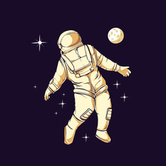 white astronaut illustration in black space and stars and moon