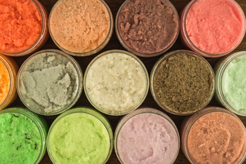 Natural cosmetics organic beauty concept. Set of cremes and skin care herbal scrubs; lufras