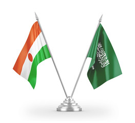 Saudi Arabia and Niger table flags isolated on white 3D rendering