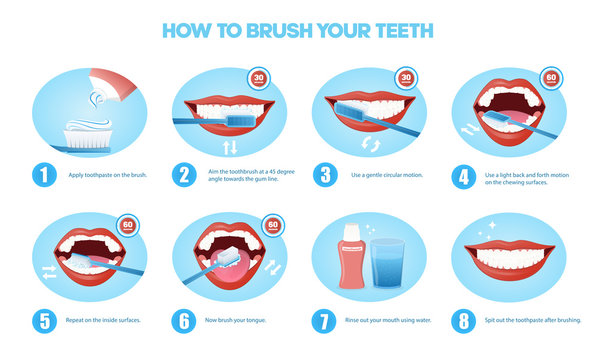 Sequence of eight educational designs showing how to brush your teeth in a healthcare, hygiene or medical concept , vector illustration
