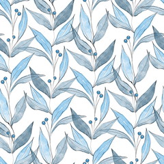 Watercolor seamless pattern with blue leaves on white. Hand-drawn background