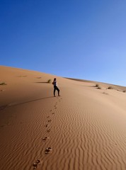 Woman looks into the distance on sand dune in Sahara, Morocco, Africa