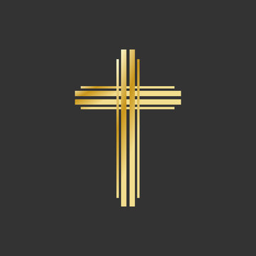golden christian cross icon. Symbol of Christianity on a grey background. Vector illustration