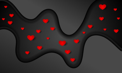 Romantic background of black smooth waves and red hearts, vector art illustration.