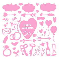 Wedding doodle icons set in pink colors. Modern minimal flat design style. Phrases - Yes, You and Me, Happy Wedding, Love. Frames for your text, holiday elements
