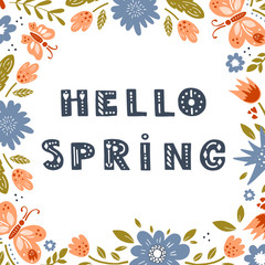 Fototapeta na wymiar Hello spring greeting card. Hand drawn illustration