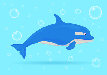 Dolphin on blue background with bubbles. Ocean fish. Underwater marine wild life. Vector illustration.