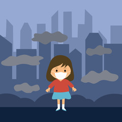 Girl wearing medical mask to protect herself from dust and air pollution problem. Fine dust PM10 and PM2.5, air pollution, industrial smog protection concept vector illustration.