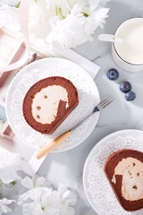 Homemade chocolate mousse cake on a white plate