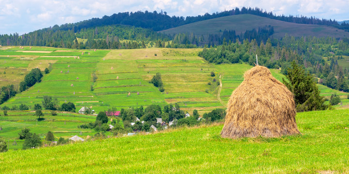 haystack on the grassy field in summer. traditional carpathian rural landscape in mountains. sunny weather with fluffy clouds