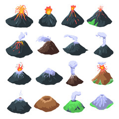 Volcano icons set. Isometric set of volcano vector icons for web design isolated on white background