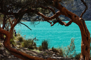 Llanganuco Lake, stunning spot in the Cordillera Blanca in the Andes of Peru. Part of Huascaran National Park.