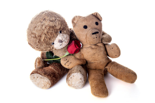 Valentines day. Vintage Teddy lovers with red rose.