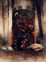 Autumn scene with an old tower with ivy standing alone in a dark forest. 3D render.