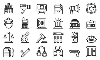 Police station icons set. Outline set of police station vector icons for web design isolated on white background