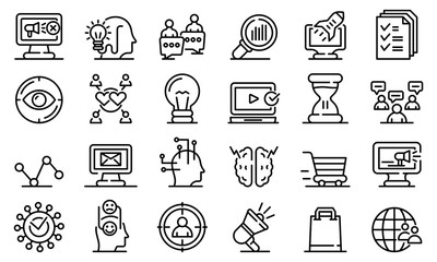 Neuromarketing icons set. Outline set of neuromarketing vector icons for web design isolated on white background