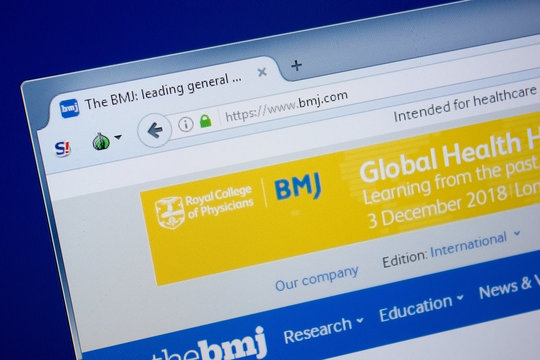 Ryazan, Russia - September 09, 2018: Homepage of Bmj website on the display of PC, url - Bmj.com