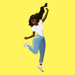 Fototapeta na wymiar Happy woman jumping flat character. Cheerful young dark skin woman isolated. Smiling excited african american girl in casual clothes. Happiness gesture. Joyful, carefree lady design element