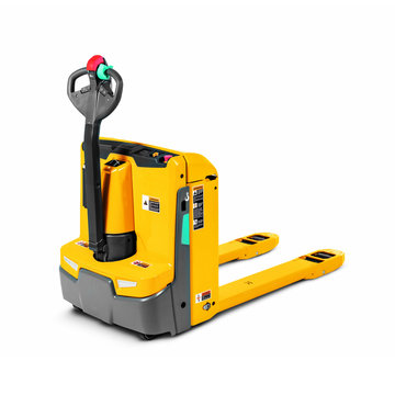 Yellow Pallet Truck Isolated on White Background. Side View of Low-Lift Order Picker Truck with Lifting Driver Platform. Forklift Truck. Electric Lift Stacker Truck. Industrial Warehouse Equipment