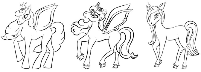 Fototapeta na wymiar Vector set of coloring pony. Pegasus, unicorn and pony. Set for coloring book for children. Pony outlines set