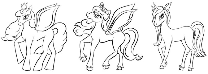 Vector set of coloring pony. Pegasus, unicorn and pony. Set for coloring book for children. Pony outlines set