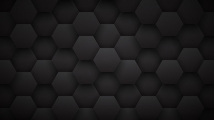 Technological 3D Hexagons Darkness Abstract Background. Science Technology Hexagonal Blocks Pattern Conceptual Dark Gray Backdrop. Minimalist Black Wallpaper In Ultra High Definition Quality