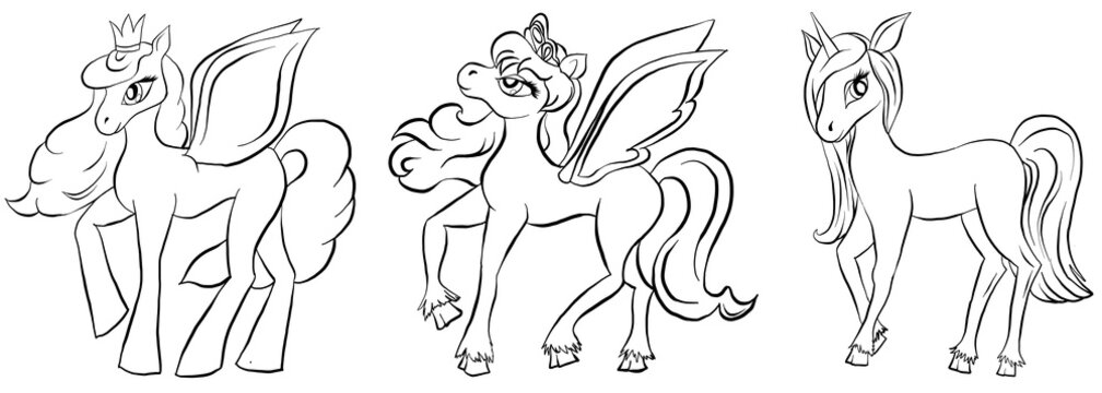 Vector set of coloring pony. Pegasus, unicorn and pony. Set for coloring book for children. Pony outlines set