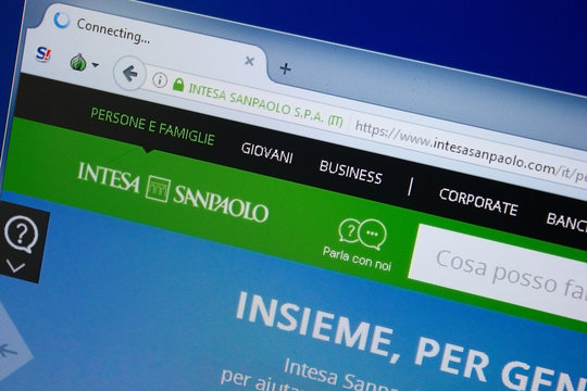 Ryazan, Russia - September 09, 2018: Homepage of Intesa San Paolo website on the display of PC, url - IntesaSanPaolo.com